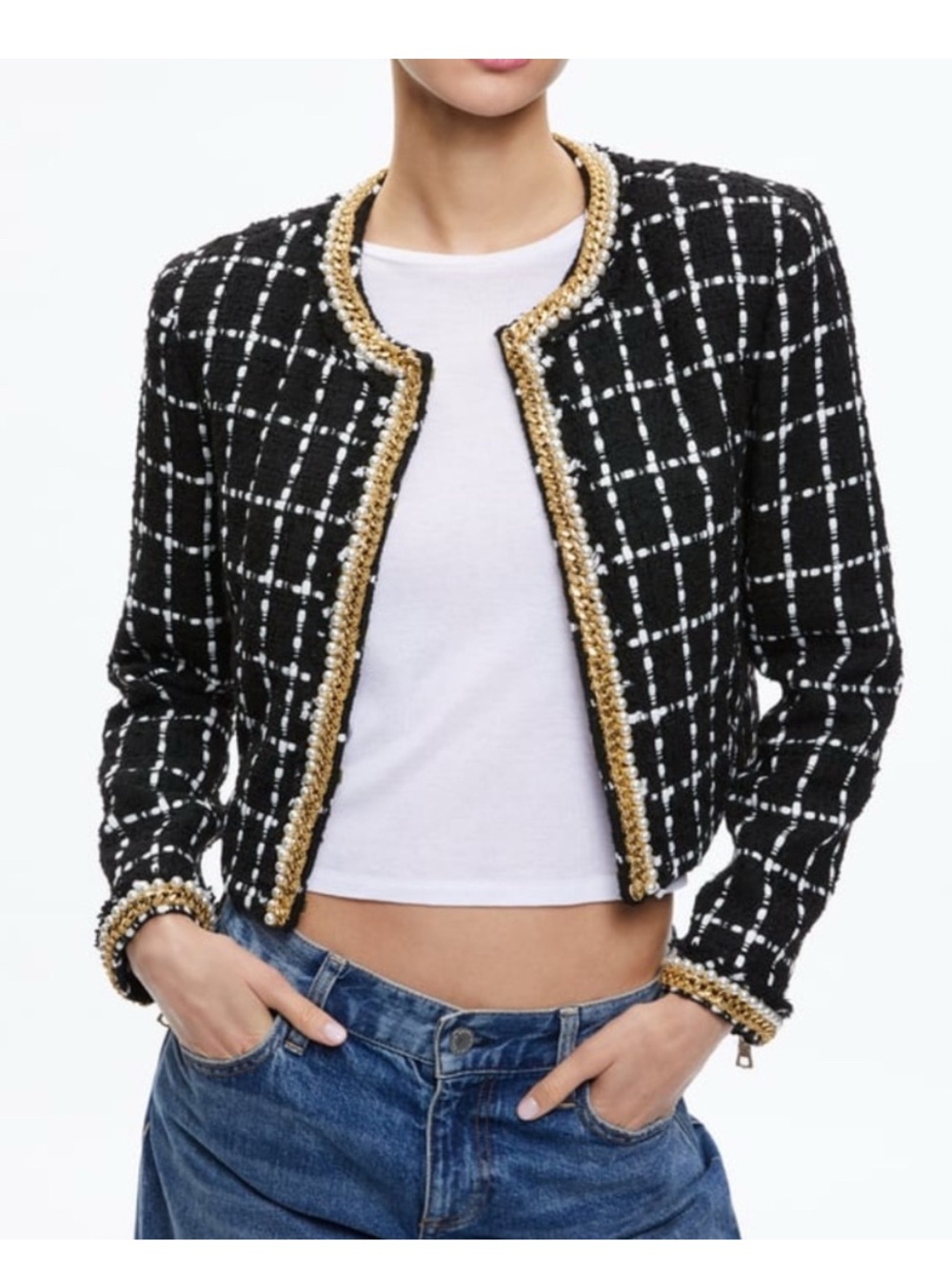 Alice + Olivia Black and White Tweed Pearl-Trim Cropped Jacket